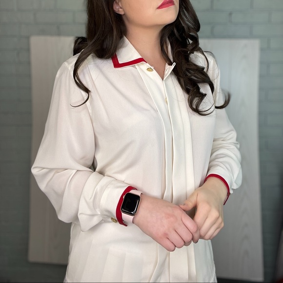 Vintage Collared Button Up Shirt Off-White with Red Accents Size 10 - Picture 2 of 10